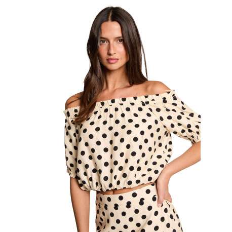 Top beige à motifs pourvu d'une coupe droite et d'un col bateau - Image 5
