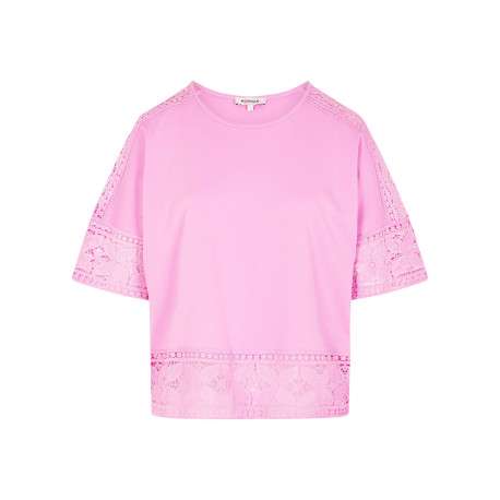T-shirt en coton rose uni en dentelle avec une coupe droite et col rond