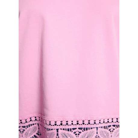 T-shirt en coton rose uni en dentelle avec une coupe droite et col rond - Image 2
