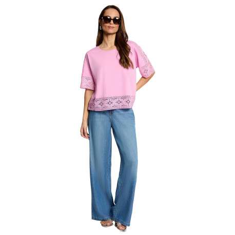 T-shirt en coton rose uni en dentelle avec une coupe droite et col rond - Image 3