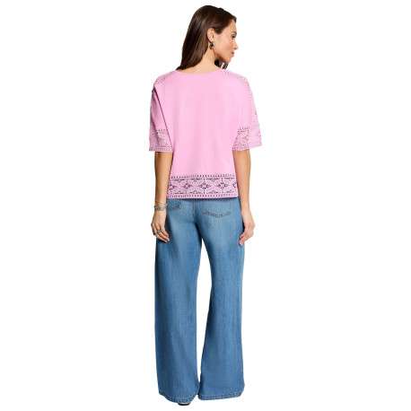 T-shirt en coton rose uni en dentelle avec une coupe droite et col rond - Image 4