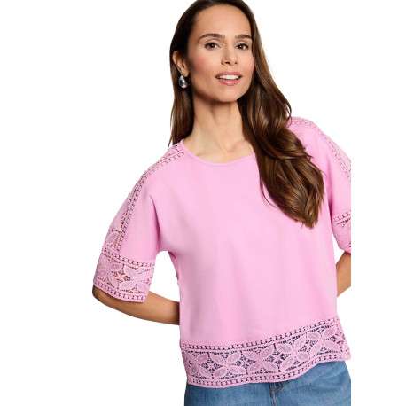 T-shirt en coton rose uni en dentelle avec une coupe droite et col rond - Image 5