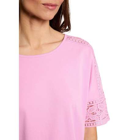 T-shirt en coton rose uni en dentelle avec une coupe droite et col rond - Image 6