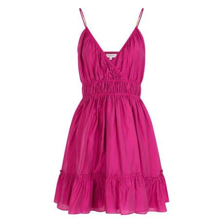 Robe courte rose unie pourvue d'une coupe évasée et d'un col en V