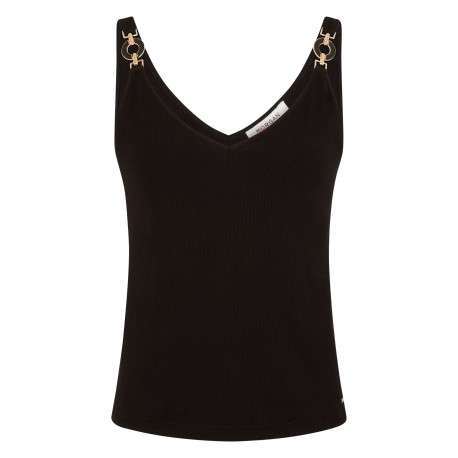Top noir chic uni pourvu d'une coupe droite et d'un col en V