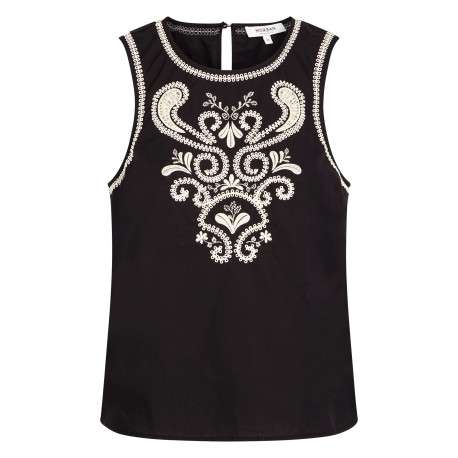 Top en coton black uni pourvu d'une coupe droite et d'un col rond