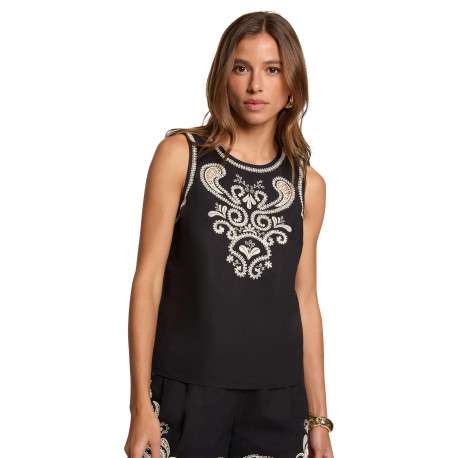 Top en coton black uni pourvu d'une coupe droite et d'un col rond - Image 5