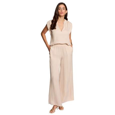 Top beige clair uni chic pourvu d'une coupe droite et d'un col en V - Image 3