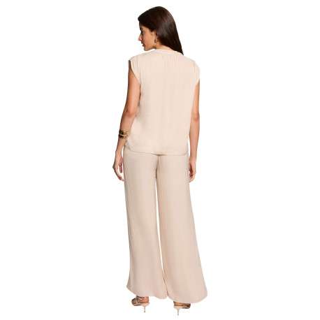 Top beige clair uni chic pourvu d'une coupe droite et d'un col en V - Image 4