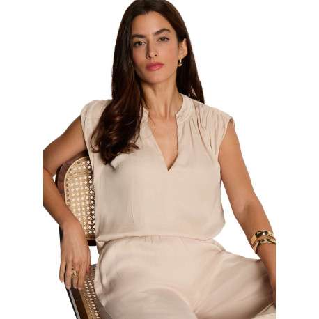 Top beige clair uni chic pourvu d'une coupe droite et d'un col en V - Image 5