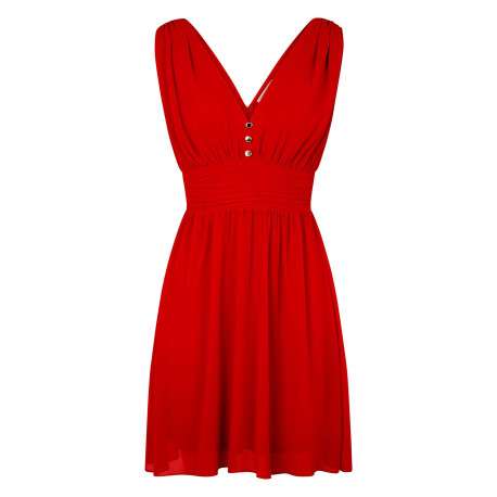 Robe courte rouge unie pourvue d'une coupe évasée et d'un décolleté en V
