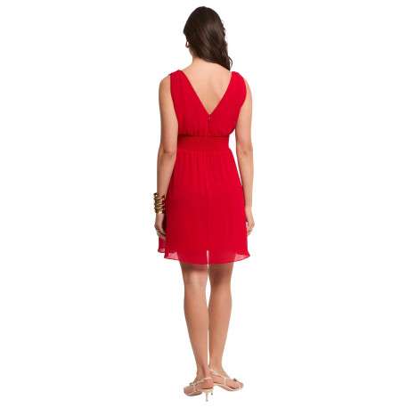 Robe courte rouge unie pourvue d'une coupe évasée et d'un décolleté en V - Image 4
