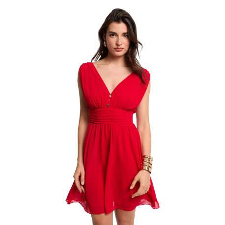 Robe courte rouge unie pourvue d'une coupe évasée et d'un décolleté en V - Image 5