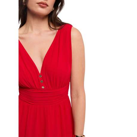Robe courte rouge unie pourvue d'une coupe évasée et d'un décolleté en V - Image 6