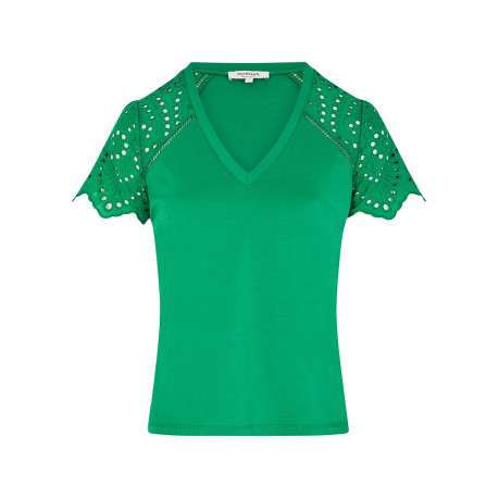 T-shirt en coton vert uni pourvu d'une coupe droite et d'un col en V