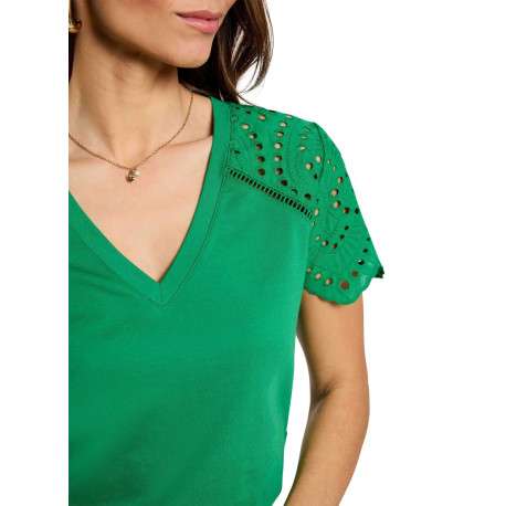 T-shirt en coton vert uni pourvu d'une coupe droite et d'un col en V - Image 6