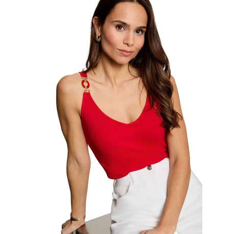Top rouge uni pourvu d'une coupe ajustée et d'un décolleté en V - Image 5