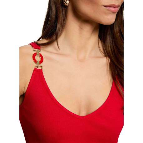 Top rouge uni pourvu d'une coupe ajustée et d'un décolleté en V - Image 6