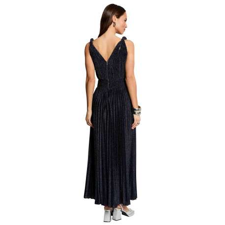Robe longue marine unie pourvue d'une coupe évasée et d'un décolleté cache-coeur - Image 4