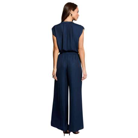 Pantalon chino marine uni avec une coupe large et de multiples poches - Image 4