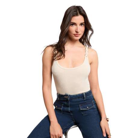 Débardeur écru uni avec une coupe ajustée et un décolleté arrondi - Image 5