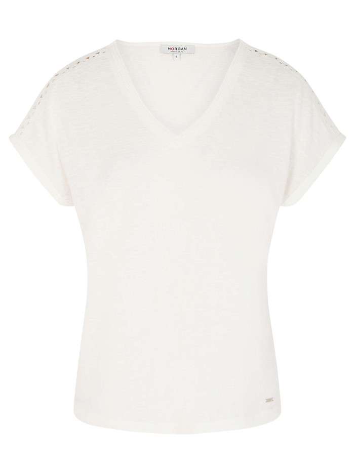 T-shirt blanc uni pourvu d'une coupe droite et d'un col en V