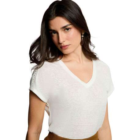 T-shirt blanc uni pourvu d'une coupe droite et d'un col en V - Image 5