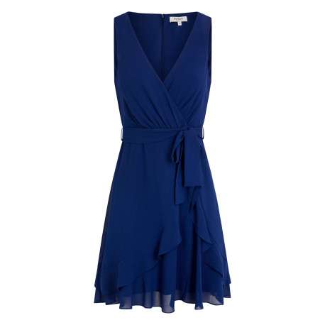 Robe courte marine unie pourvue d'une coupe évasée et d'un décolleté cache-coeur