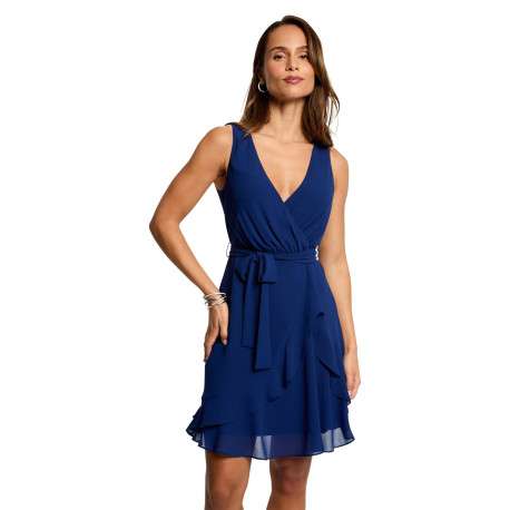 Robe courte marine unie pourvue d'une coupe évasée et d'un décolleté cache-coeur - Image 5