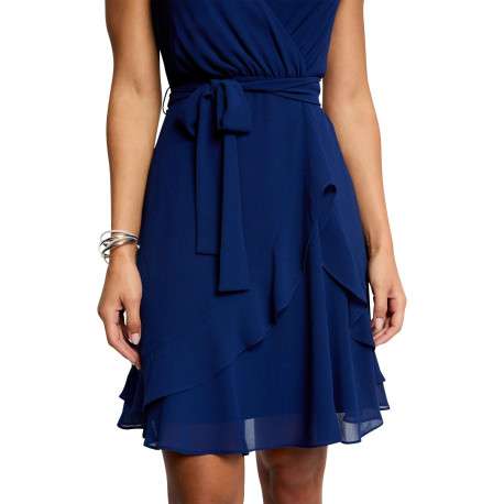 Robe courte marine unie pourvue d'une coupe évasée et d'un décolleté cache-coeur - Image 6