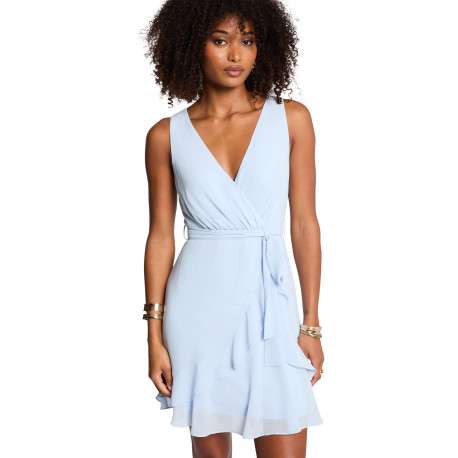 Robe courte bleue claire unie avec une coupe évasée et un décolleté cache-coeur - Image 5