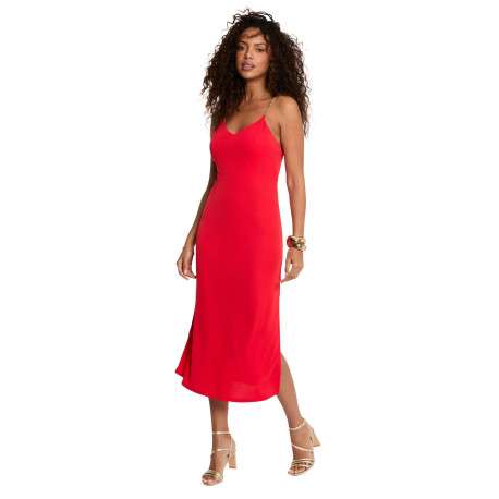 Robe longue rouge unie pourvue d'une coupe droite et d'un décolleté en V - Image 3
