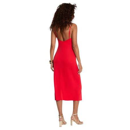 Robe longue rouge unie pourvue d'une coupe droite et d'un décolleté en V - Image 4