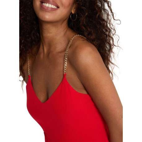 Robe longue rouge unie pourvue d'une coupe droite et d'un décolleté en V - Image 6