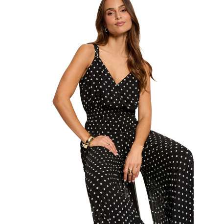 Combinaison noire à motifs avec une coupe large et un décolleté en V - Image 5