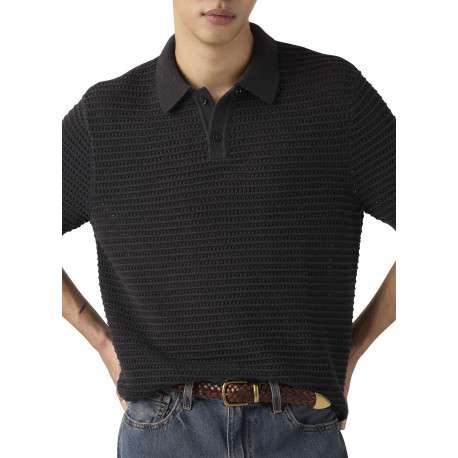 Polo en coton noir uni avec une coupe droite et un col boutonné - Image 3