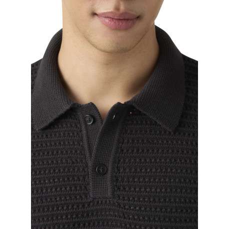 Polo en coton noir uni avec une coupe droite et un col boutonné - Image 5
