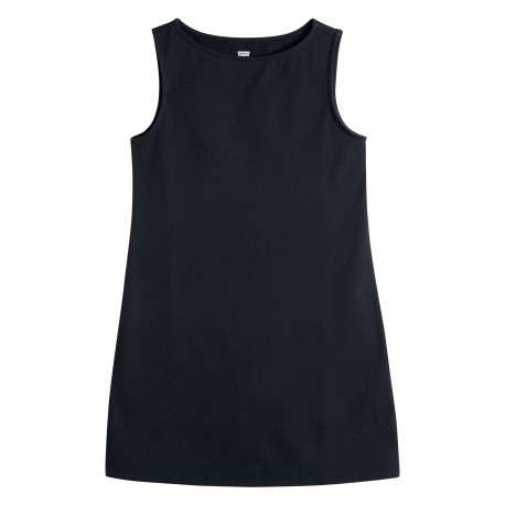 Robe courte en coton mélangé noire uni avec une coupe droite et un col rond