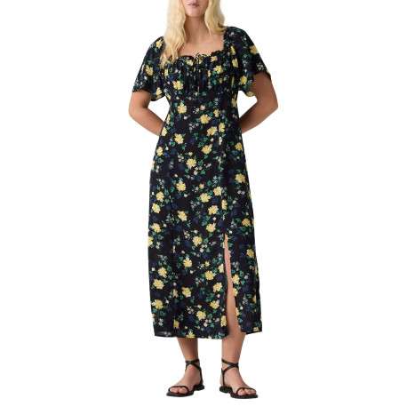 Robe longue noire à motif floral avec une coupe droite et des manches courtes
