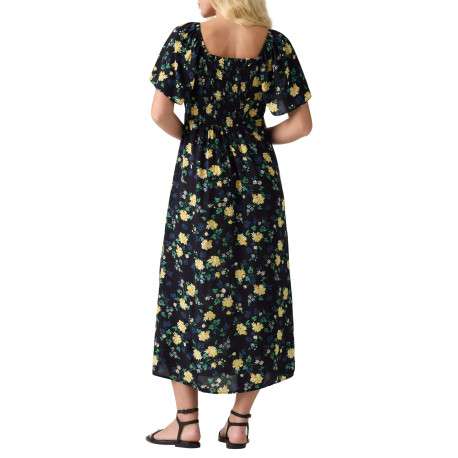 Robe longue noire à motif floral avec une coupe droite et des manches courtes - Image 2
