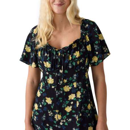 Robe longue noire à motif floral avec une coupe droite et des manches courtes - Image 3
