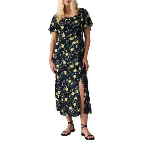 Robe longue noire à motif floral avec une coupe droite et des manches courtes - Image 4