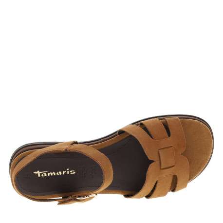 Nu-pieds en cuir cognac à talon compensé bas avec une bande auto-agrippante - Image 4