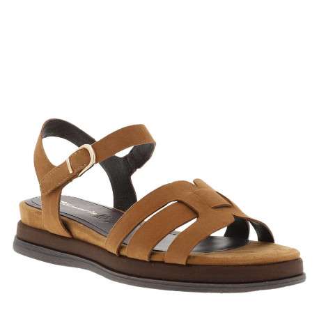 Nu-pieds en cuir cognac à talon compensé bas avec une bande auto-agrippante - Image 3