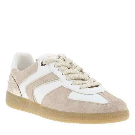 Tennis or et blanche en cuir avec un talon plat pourvu de lacets beiges - Image 3