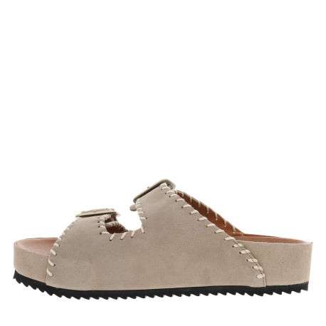 Mules taupe en cuir à talon compensé bas avec deux boucles à ardillon