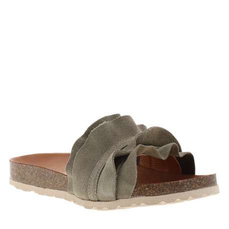 Mules en cuir kaki avec un talon plat et muni d'une large sangle - Image 3