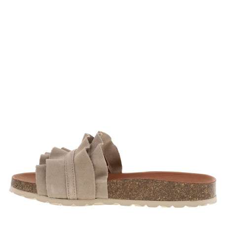 Mules taupe en cuir avec un talon compensé bas et semelle cuvette