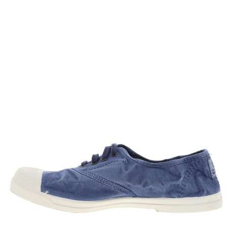 Tennis bleues à talon plat avec des lacets et un soufflet élastiqué