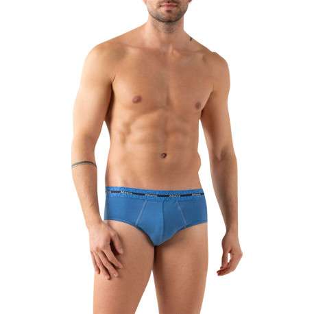 Lot de 3 slips en coton bleus unis pourvus du nom de la marque imprimé - Image 4